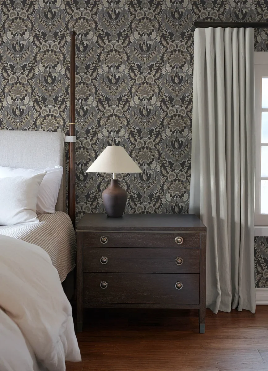 York Chris Loves Julia Collins Damask wallpaper styled interior
