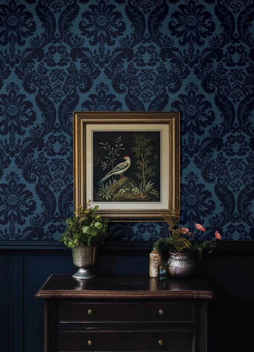 York Shadow Flocked Damask wallpaper styled interior