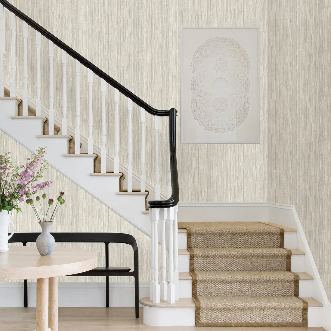 York Justina Faux Grasscloth wallpaper styled interior