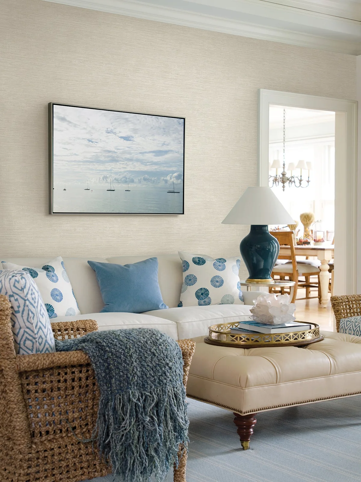 York Tiverton Faux Grasscloth wallpaper styled interior