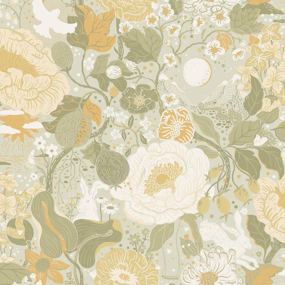 York Vaxa Rabbits & Rosehips wallpaper pattern detail