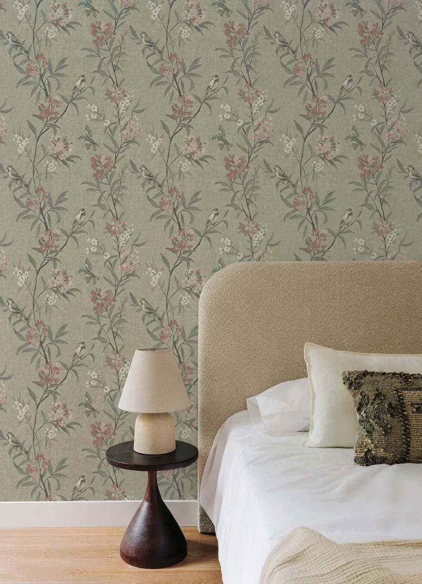 York Chesapeake Tea Olive Finch Frolic wallpaper styled interior