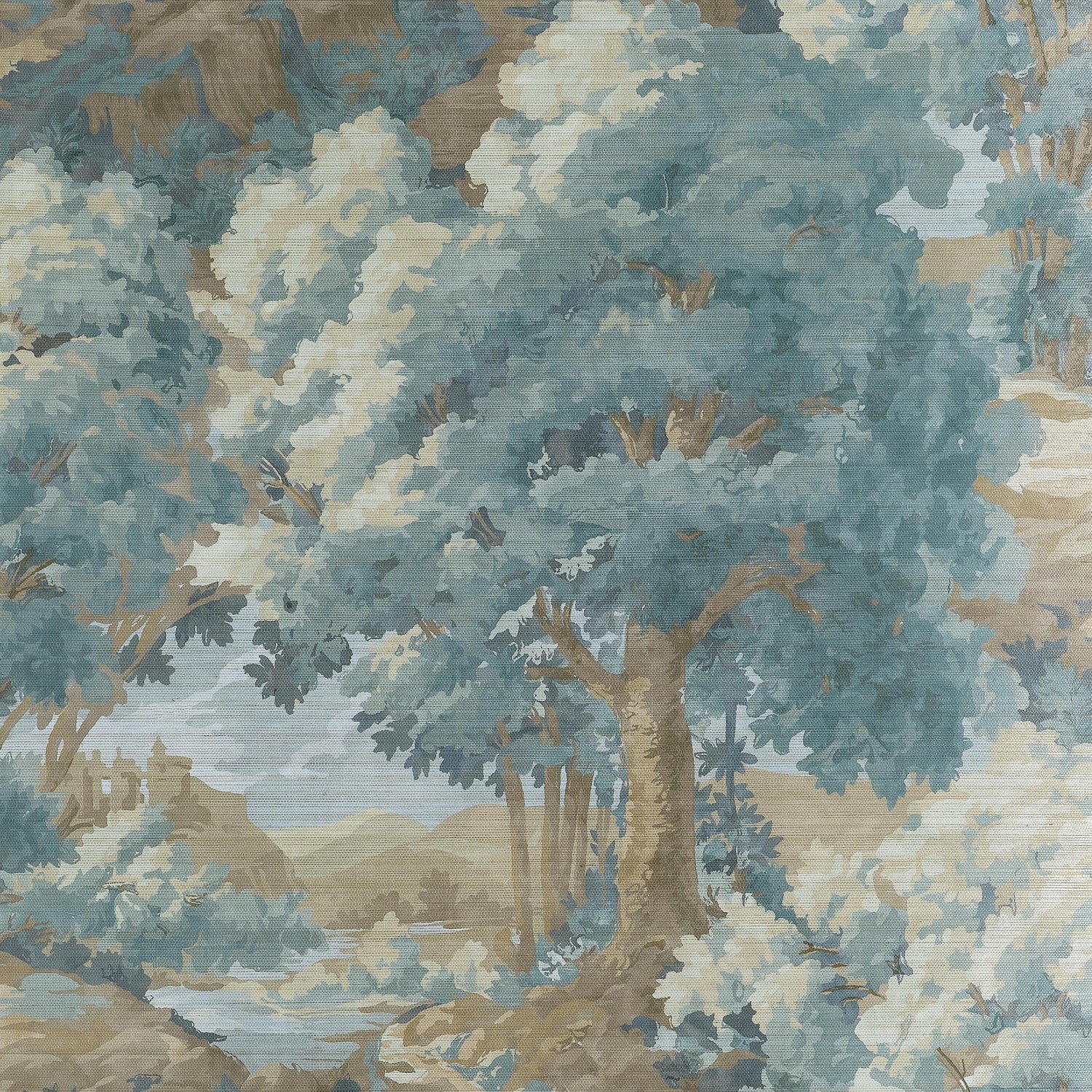 Thibaut Woodland Clearing wallpaper in Spa Blue with blue trees on a textured sisal surface