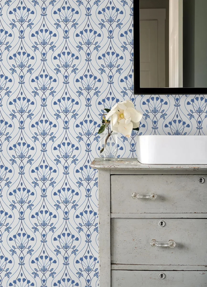 York Dard Tulip Ogee wallpaper styled interior