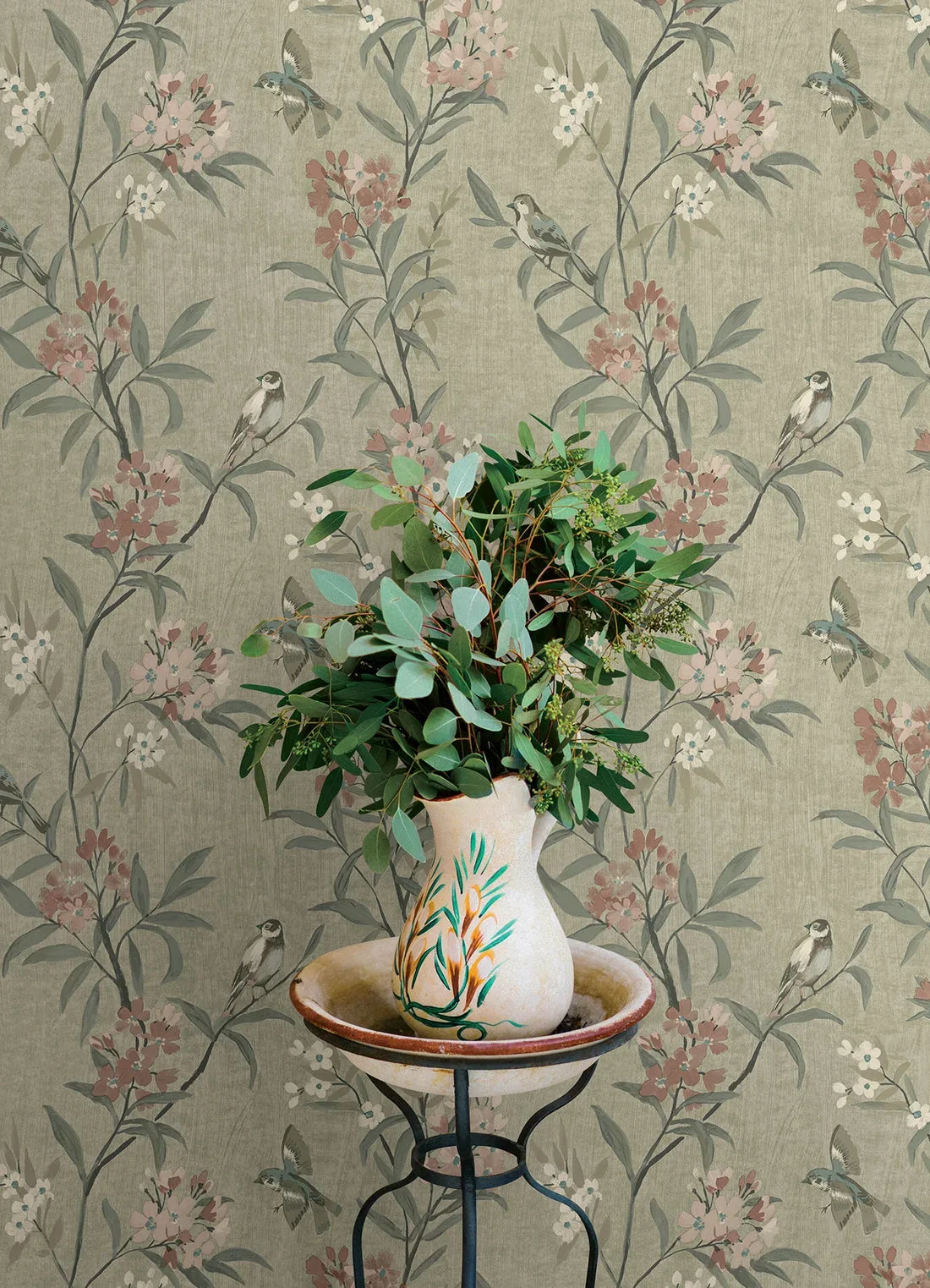 York Chesapeake Tea Olive Finch Frolic wallpaper pattern detail