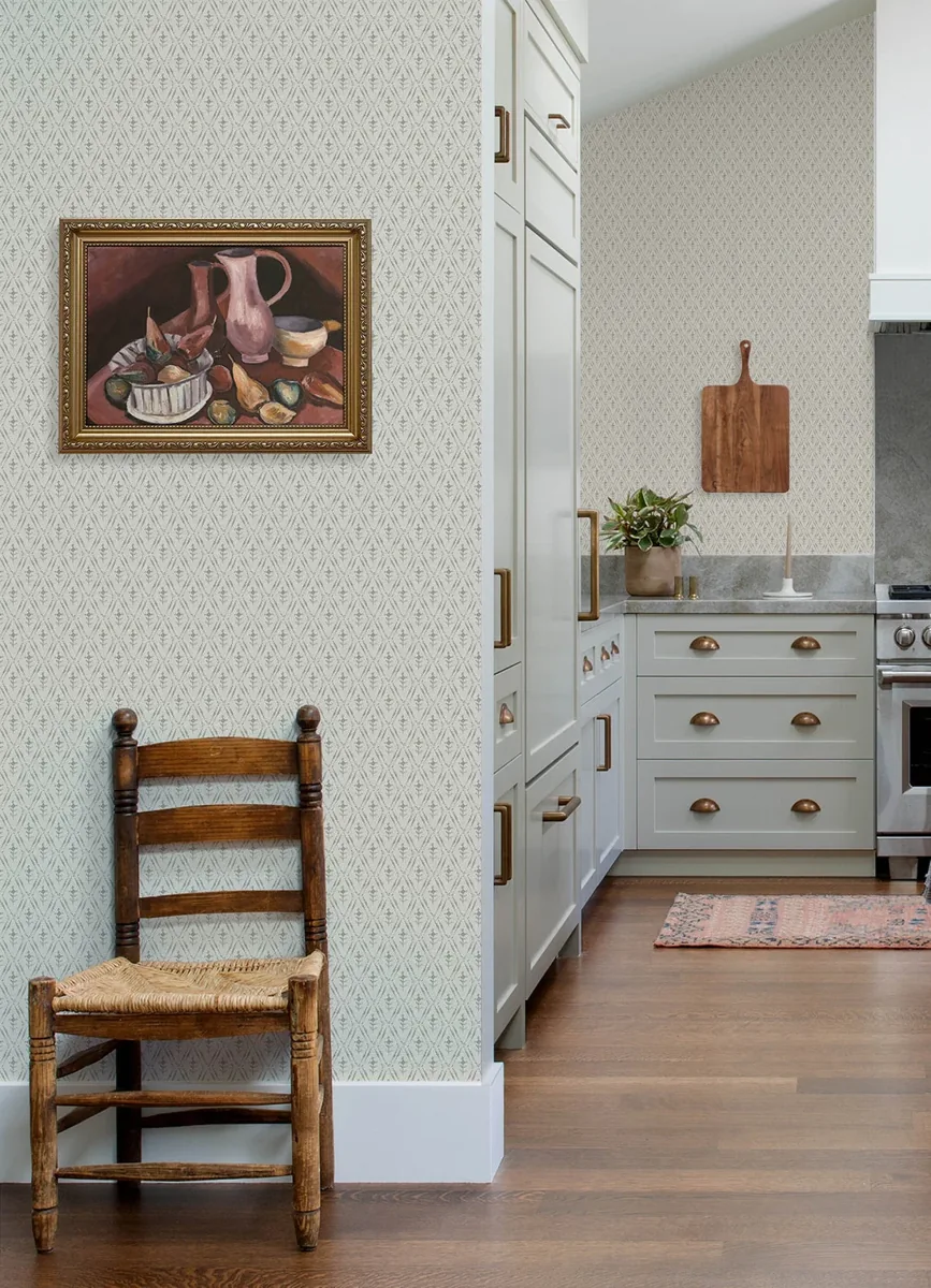 York Chris Loves Julia Tillie Diamond Floral wallpaper styled interior