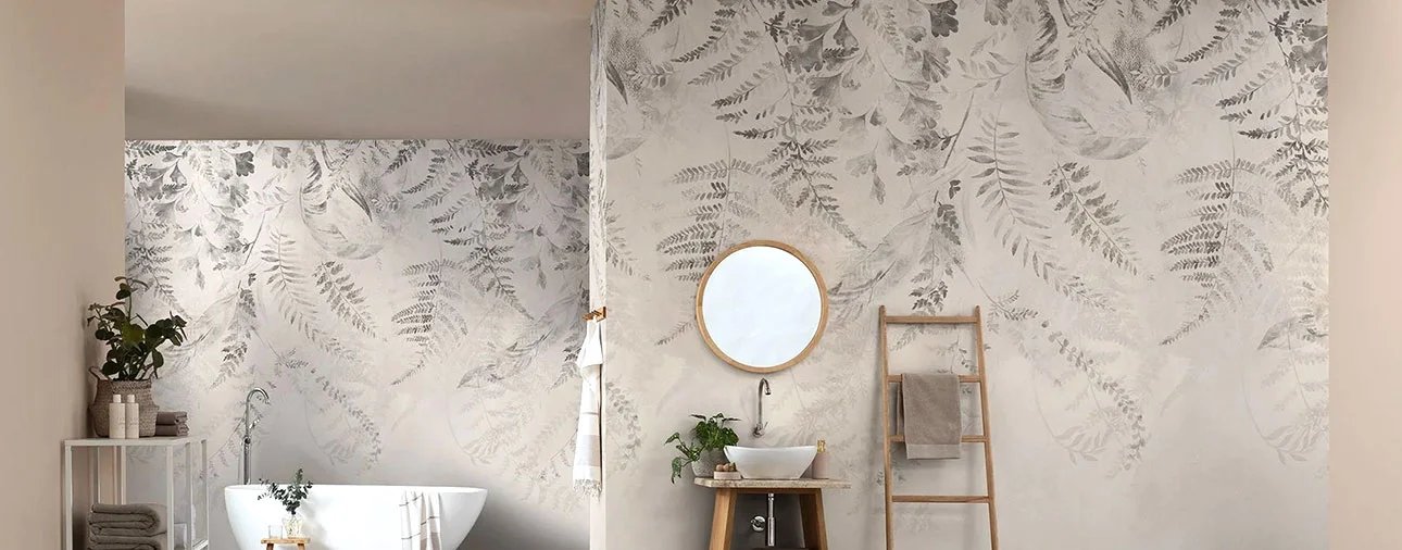 Botanical wallpaper installed in a bathroom