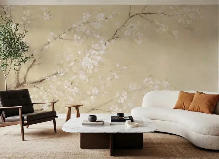 White Cherry Blossoms I Linen wallpaper, view 2