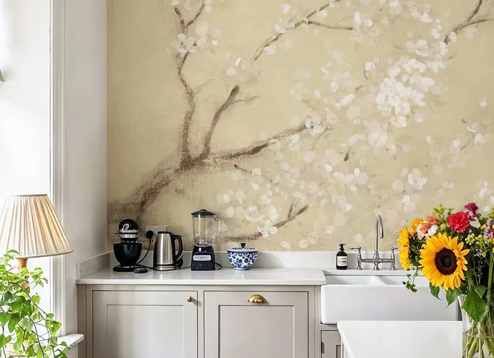 White Cherry Blossoms I Linen wallpaper, view 3