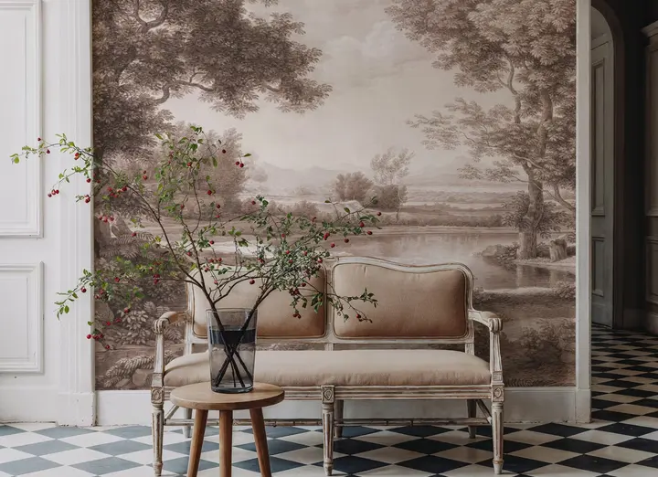 Riverbank Oak Landscape, Sepia wallpaper, view 1