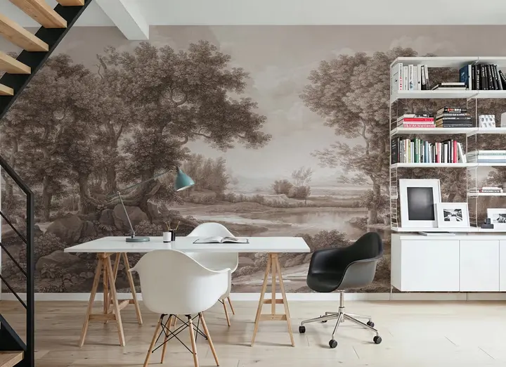 Riverbank Oak Landscape, Sepia wallpaper, view 2