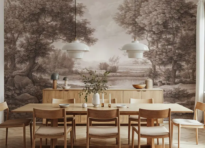 Riverbank Oak Landscape, Sepia wallpaper, view 3