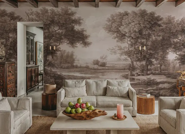 Riverbank Oak Landscape, Sepia wallpaper, view 4