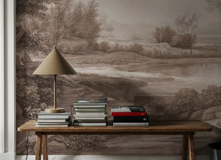 Riverbank Oak Landscape, Sepia wallpaper, view 6