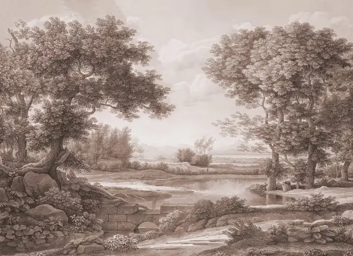 Riverbank Oak Landscape, Sepia wallpaper, view 7