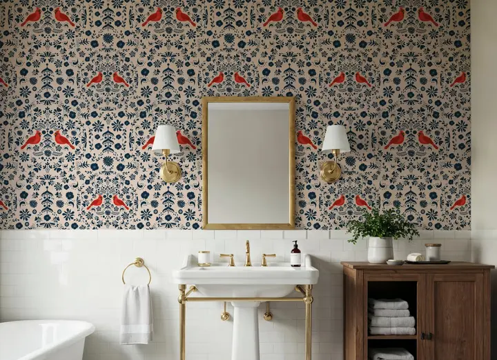 Cardinal Christmas, Blue on Cream wallpaper, view 1