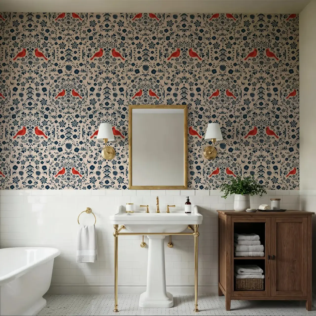 Cardinal Christmas, Blue on Cream wallpaper, view 1