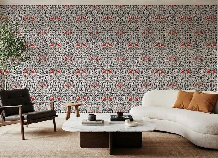 Cardinal Christmas, Blue on Cream wallpaper, view 2
