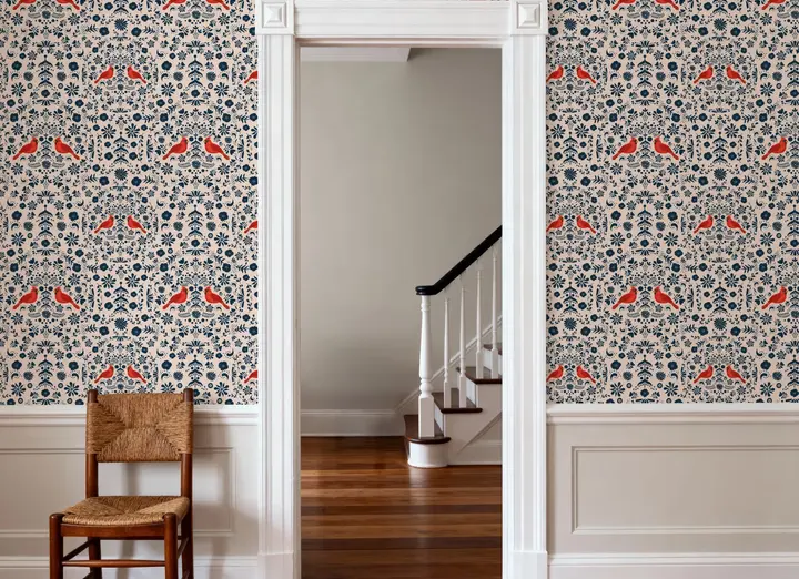 Cardinal Christmas, Blue on Cream wallpaper, view 3