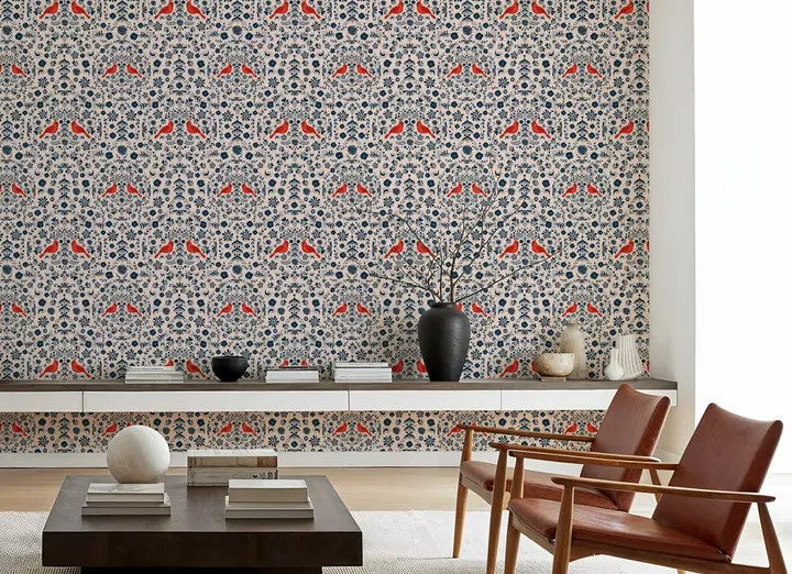 Cardinal Christmas, Blue on Cream wallpaper, view 4