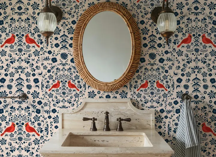 Cardinal Christmas, Blue on Cream wallpaper, view 5