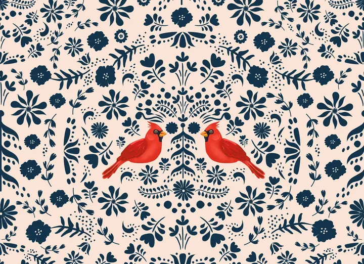 Cardinal Christmas, Blue on Cream wallpaper, view 6