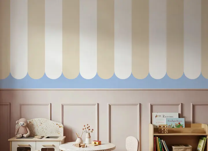 Scalloped Circus Stripes, Beige wallpaper, view 6