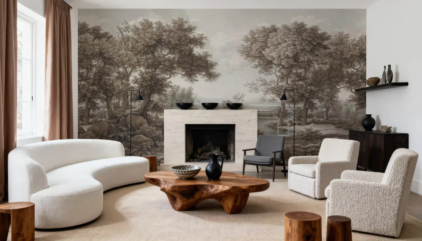 Riverbank Oak Landscape, Vintage wallpaper, view 1