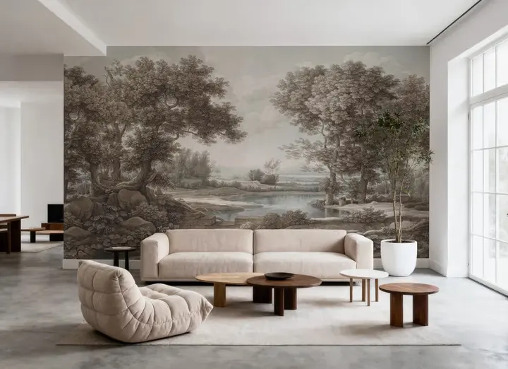 Riverbank Oak Landscape, Vintage wallpaper, view 2