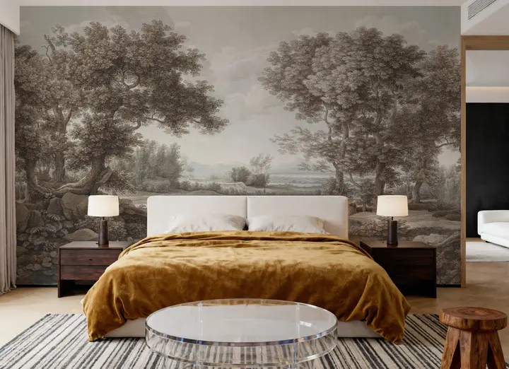 Riverbank Oak Landscape, Vintage wallpaper, view 4