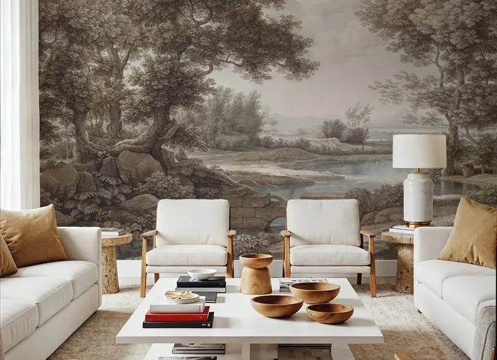 Riverbank Oak Landscape, Vintage wallpaper, view 6