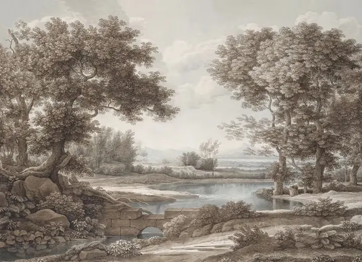 Riverbank Oak Landscape, Vintage wallpaper, view 7
