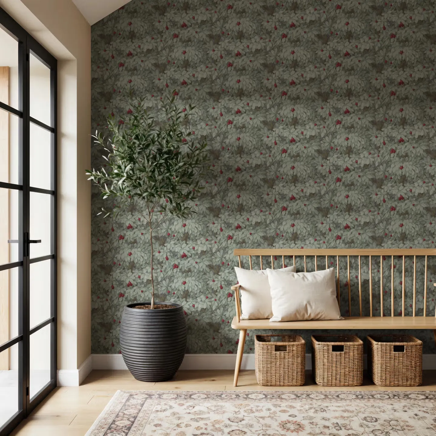 Fruit Tree Bower, Crimson on Green wallpaper, view 1