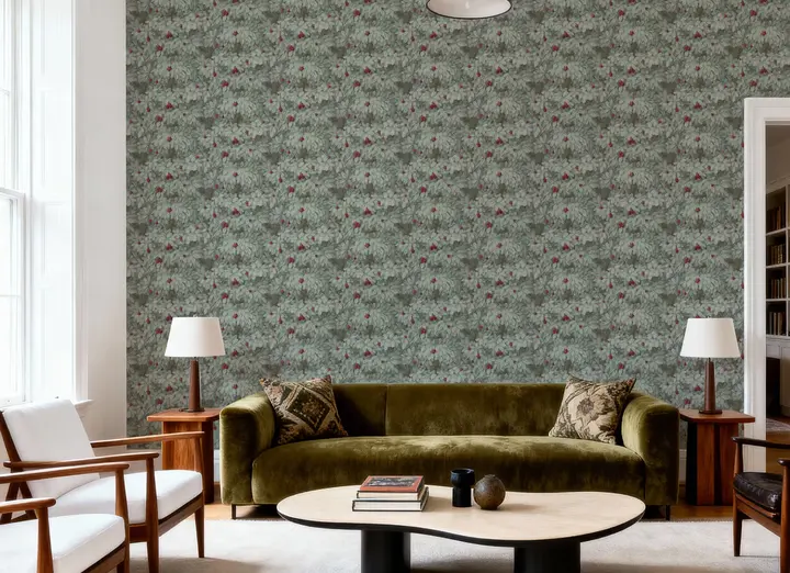 Fruit Tree Bower, Crimson on Green wallpaper, view 3