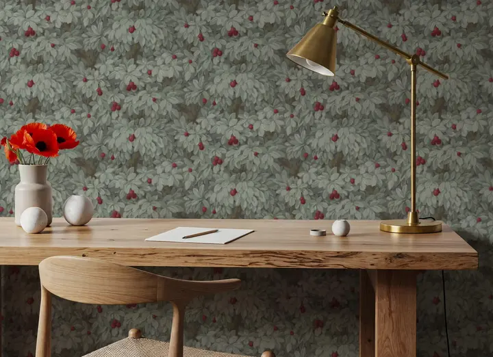 Fruit Tree Bower, Crimson on Green wallpaper, view 4