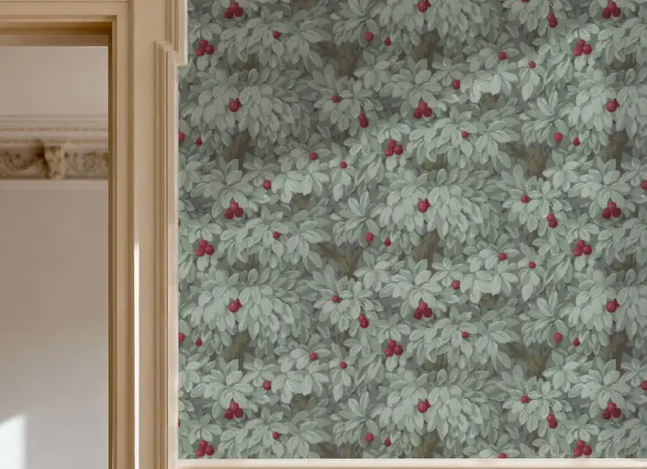 Fruit Tree Bower, Crimson on Green wallpaper, view 5