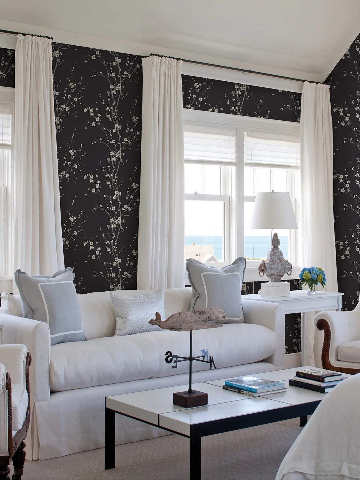 York Monterey Floral Branch wallpaper styled interior